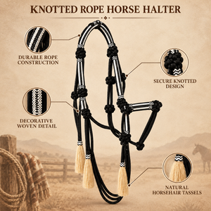 Cabestro de cuerda trenzada negra con borlas de crin de caballo |   Cabestro Ecuestre Occidental Anudado para Entrenamiento, Equitación, Rancho y Establos - Product Image 5