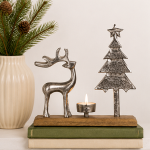Silver Metal Christmas Reindeer And Pine <b>Tree</b> Tealight Candle Holder With Natural Wooden Base Modern <b>Tabletop</b> Holiday Decoration - Product Image 2