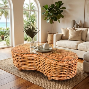 New Modern Minimalist Rinjani <b>Round</b> Coffee <b>Table</b> Natural Woven Rattan Glass Top Center Tea Accent <b>Table</b> Living Room Patio - Product Image 5
