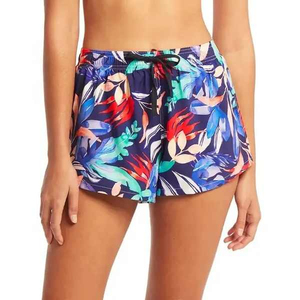 Shorts décontractés taille haute pour femme en tissu Oxford respirant avec bordure en dentelle, ceinture chaîne, couleur unie, coupe régulière, noir, blanc, beige - Product Image 1