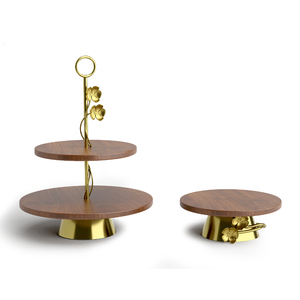 2-Tier Wooden Cake Stand With Golden Vine Accents Elegant Acacia Wood Dessert Display And Cupcake Stand For Birthdays And Home - Product Image 1