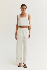 Women's <b>White</b> 100% Cotton Short Sleeve Collarless Solid Top Vintage Style Eco-Friendly Loose Fit <b>2</b> <b>Piece</b> Long Co-ord <b>Set</b> - Product Image 2