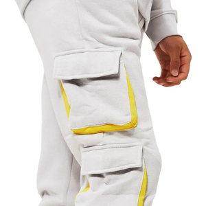 Men's Gray Hooded <b>Tracksuit</b> Set With Yellow Accents Full Length Cotton Casual Wear Spring Loose Fit Zipper Closure Side Pockets - Product Image 4