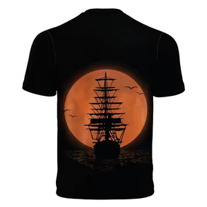 T-shirt noir pour homme avec imprimé bateau pirate et lune pleine, manches courtes, col rond, design décontracté, motif imprimé numérique - Product Image 2