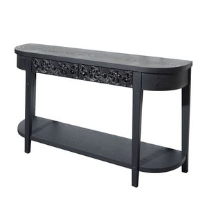 59.2in Elegant Black Carved Wooden <b>Console</b> <b>Table</b> with Lower <b>Storage</b> Shelf Two Drawers Decorative Accent for Entryway Living Room - Product Image 5