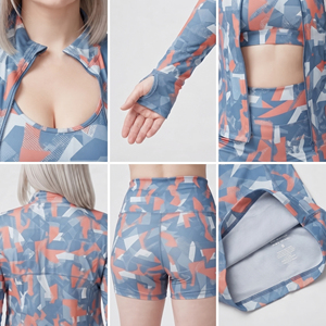 Women's Geometric Print 3-Piece Gym Set Training Jacket High Waist Shorts Sports <b>Bra</b> Set Spandex Polyester Workout Wear 3 PCS - Product Image 6