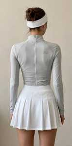 ONETEN APPARELS Women Long Sleeve Zip-Up Crop <b>Top</b> High Waist Pleated Mini <b>Skirt</b> Sporty Fitted Solid <b>White</b> Casual Dress - Product Image 3