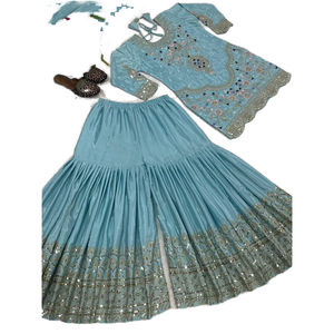 Ensemble de fête vert pour femmes Maruti, taille M, haut, sharara, palazzo, dupatta, collection de créateurs - Product Image 1