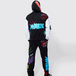 Conjunto Deportivo con Capucha para Hombre, Color Negro, con Estampado de Grafiti Colorido, Estilo Urbano, Pantalones y Sudadera Largos - Product Image 2