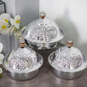 Bol de service de luxe en métal argenté martelé avec couvercle calligraphié – Élégant accent de table, pièce de présentation traditionnelle avec calligraphie - Product Image 4