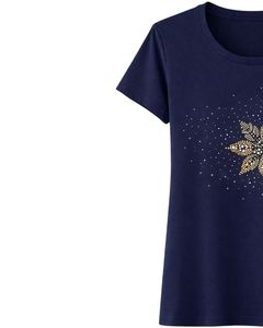 T-shirt en coton bleu marine personnalisé pour femme, imprimé floral en strass, décontracté, à manches courtes, haut tendance d'été, fabricant sur mesure OEM - Product Image 4