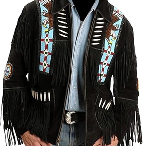 Men PU Leather Suede <b>Jacket</b> With Fringe Embroidery Turn-down Collar Vintage Style Autumn Wear - Product Image 1