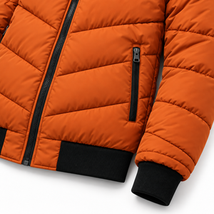 Custom Mens Hooded Puffer <b>Jacket</b> Warm Quilted Winter Coat Water Resistant Shell Ribbed Cuffs Multi Zipper Pocket Design - Product Image 5