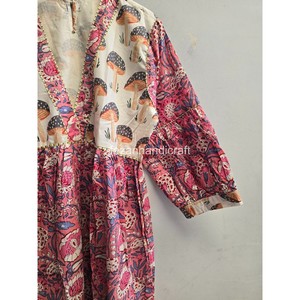 Cotton <b>Mushroom</b> Print Lantern Sleeves Ruffle Hem Loose A-Line Summer Casual <b>Dress</b> Boho V-Neck Midi <b>Dress</b> - Product Image 3