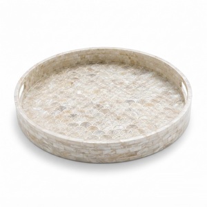Fine Quality Mother of Pearl Tray Round <b>Mosaic</b> MOP Inlay Serving Tray with Handles Decorative Shell Coffee Table Ottoman Tray - Product Image 5