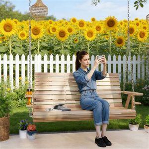 Sedia a Dondolo in Legno Naturale per Esterni, Giardino, Cortile e Veranda - Product Image 1