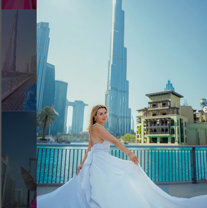 Elegante Mujer Posando en un Vestido Maxi Blanco Fluido con Abertura Alta en el Marco de la Escultura Wings of Mexico Dubai Downtown - Product Image 3