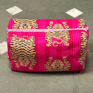 Pink Tiger Print Quilted Cosmetic Bag Large Bohemian Style Textile Zipper Closure Multi-Function Organizer - Product Image 1