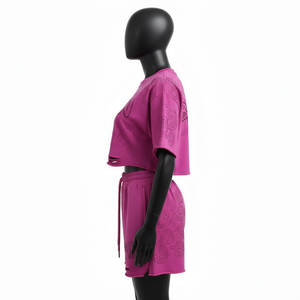 Women GSM Soft Cotton Blend Crop Tee Shorts Set Fuchsia <b>Crystal</b> Stud Heat Press Custom Logo 100% Cotton Crop <b>Top</b> & Shorts Set - Product Image 3