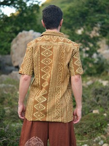 เสื้อเชิ้ตผ้าฝ้ายสีมัสตาร์ดพิมพ์ลายด้วยมือสำหรับผู้ชาย สไตล์ดั้งเดิม งานฝีมือ ชุดลำลอง แขนสั้น ติดกระดุม - Product Image 4