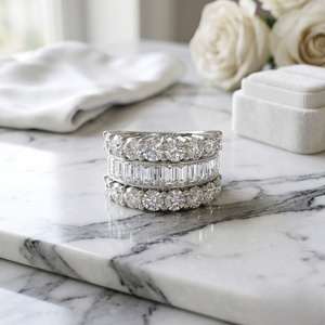 4.00CTW Baguette Round Mixed Set Triple Row <b>Statement</b> <b>Ring</b> - Product Image 1