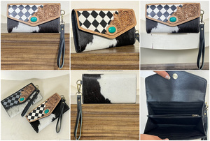 Portefeuille Western en cuir de vachette avec pierre turquoise, motif quadrillé en cuir ciselé à la main, pochette à poignet pour femme - Product Image 3