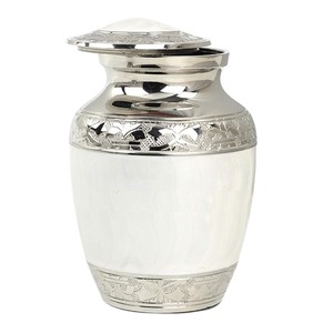 Elegant Handcrafted Brass Cremation Urn For Adult Human Ashes White Enamel With Silver Detailing Large Lid <b>Memorial</b> - Product Image 1