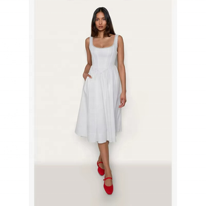 Robe midi blanche personnalisée pour femme, col carré, sans manches, coupe trapèze, robe décontractée d'été, OEM ODM - Product Image 3