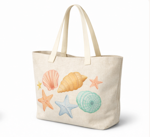 Sac de plage en toile grande taille à motif coquillage, sac de shopping en coton avec poignée d'épaule pour la plage - Product Image 3