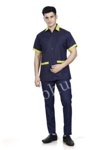เสื้อเชิ้ตยูนิฟอร์มทำงานสีน้ำเงินกรมท่าสำหรับผู้ชาย แต่งขอบสีเหลือง ผ้าฝ้ายระบายอากาศได้ดี แขนสั้น เสื้อผ้าแฟชั่นสำหรับทำงาน - Product Image 1