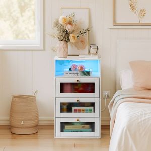 Comodino Changhong in Vetro 45*35*78cm, Superficie Bianca in Fibra di Canapa, 3 Cassetti, 1 Ripiano, Ricarica Wireless, Arredamento Camera da Letto - Product Image 3