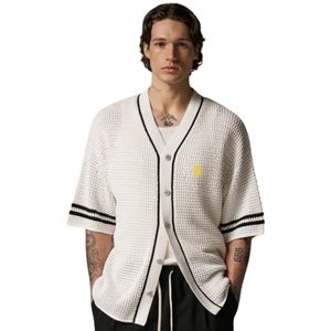Chemise de baseball en tricot crocheté pour homme, manches courtes, boutonnée, bordure rayée, décontractée, haut en tricot d'été, vente en gros OEM - Product Image 6
