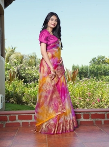 Sari de organza Bandhani bordado KV (rosa) - Product Image 5
