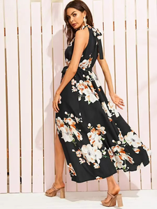 Robe longue d'été pour femme, imprimé floral, fendue à la cuisse, avec ceinture et col halter, style OEM - Product Image 4