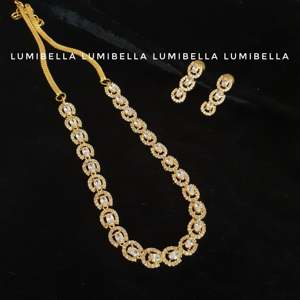 Gold Plated Designer Floral Necklace and Earring Set with White Zircon Stones - Product Image 3