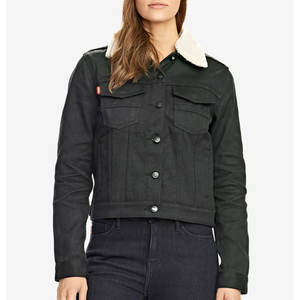 Veste en jean noire d'hiver pour femme avec col en fausse fourrure et fourrure de léopard, respirante, entièrement personnalisable, en coton tricoté - Product Image 3
