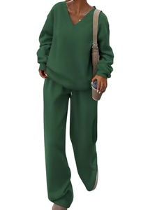 <b>Women's</b> Green <b>V</b>-<b>Neck</b> <b>Sweatshirt</b> Tracksuit Full Sleeve Solid Color Loose Fit Casual Autumn Wear With Side Pockets Elastic Waist - Product Image 1