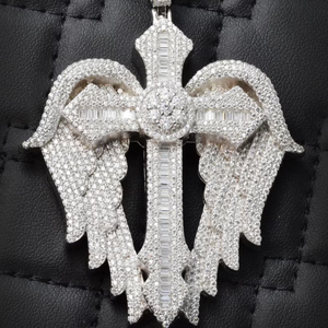 <b>Cross</b> Wings Design Hip Hop <b>Pendant</b> 925 <b>Sterling</b> <b>Silver</b> VVS Round Brilliant Cut Moissanite Diamond For Unisex Fashion Wear - Product Image 1