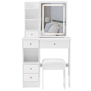 Tavolo da Trucco da Scrivania Compatto con Cassetto Sinistro, Sgabello Imbottito, Specchio LED Scorrevole con Controllo Touch e Cambio Colore a Tre Tonalità - Product Image 4