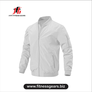 <b>Men's</b> <b>White</b> Bomber <b>Jacket</b> Zipper Closure Windproof Casual Autumn Wear Regular Fit Stand Collar Polyester - Product Image 1