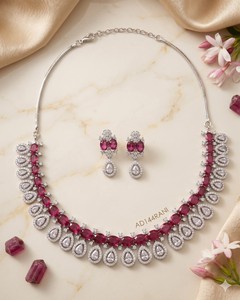Lucentarts Elegant Ruby Red Cubic Zirconia <b>Choker</b> Necklace Earrings Set Bollywood Indian Bridal Jewelry Set Party Wear For Women - Product Image 4
