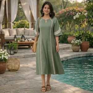 Robe midi bohème verte brodée pour femme, coupe trapèze, manches trois quarts, ample, en lin et coton tissé, décontractée, pour le printemps et le quotidien - Product Image 4