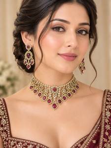 Indian Mores Gold Plated <b>Crystal</b> Rhinestone Moissanite Bridal Jewelry <b>Set</b> Necklace Earrings Engagement Gift Wedding Party Wear - Product Image 2