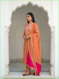 Ensemble de costume brodé Gota Peach Mal Chanderi coupe trapèze - Product Image 4