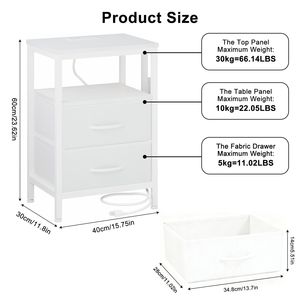 Comodino con Stazione di Ricarica e Cassetti in Tessuto, Tavolino Laterale in MDF per Camera da Letto, Soggiorno, Appartamento - Product Image 2