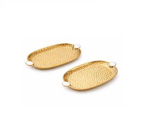 Plateau de service pour fruits et légumes, finition plaquée or, design martelé, lot de deux, avec poignées blanches design, multifonctionnel - Product Image 1