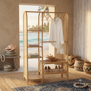 Porte-vêtements moderne en bois durable, support de rangement tissé pour vêtements, étagères de présentation, organisateur double niveau sur pied - Product Image 2