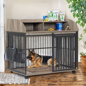 GO 44'' Heavy Duty Large <b>Dog</b> <b>Crate</b> Furniture Lockable Wheels Wooden <b>Dog</b> Kennel End Table Double Layer Storage Gray for <b>Medium</b> - Product Image 2