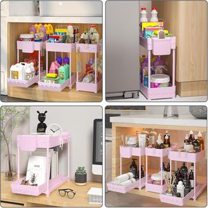 Set di 3 Cassetti e Carrelli Portaoggetti in Plastica a 2 Livelli, Organizzatori per Lavello di Cucina e Bagno, Cassetti Scorrevoli per Facile Organizzazione - Product Image 1