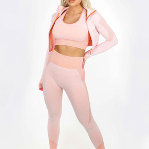 Pink Ribbed Yoga Set Scoop Neck Crop <b>Top</b> High Waist Full Length Leggings 2 Piece Spandex Polyester Activewear - Product Image 1